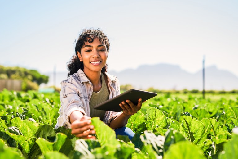 A farm manager monitoring her crops closely with a tablet in her hands.