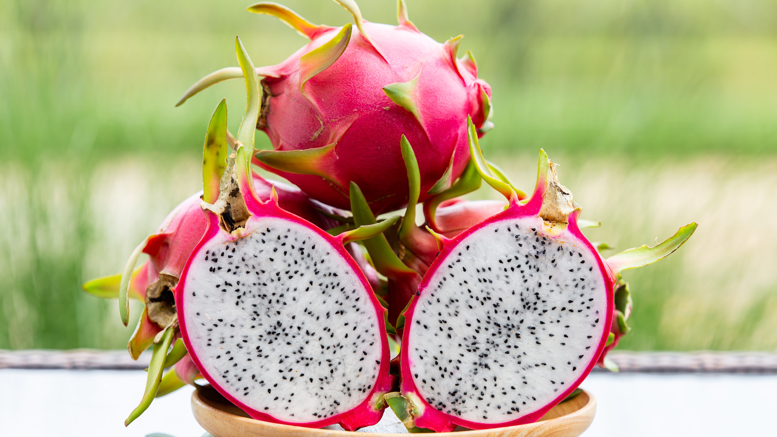 A close up view of ripe dragon fruits.